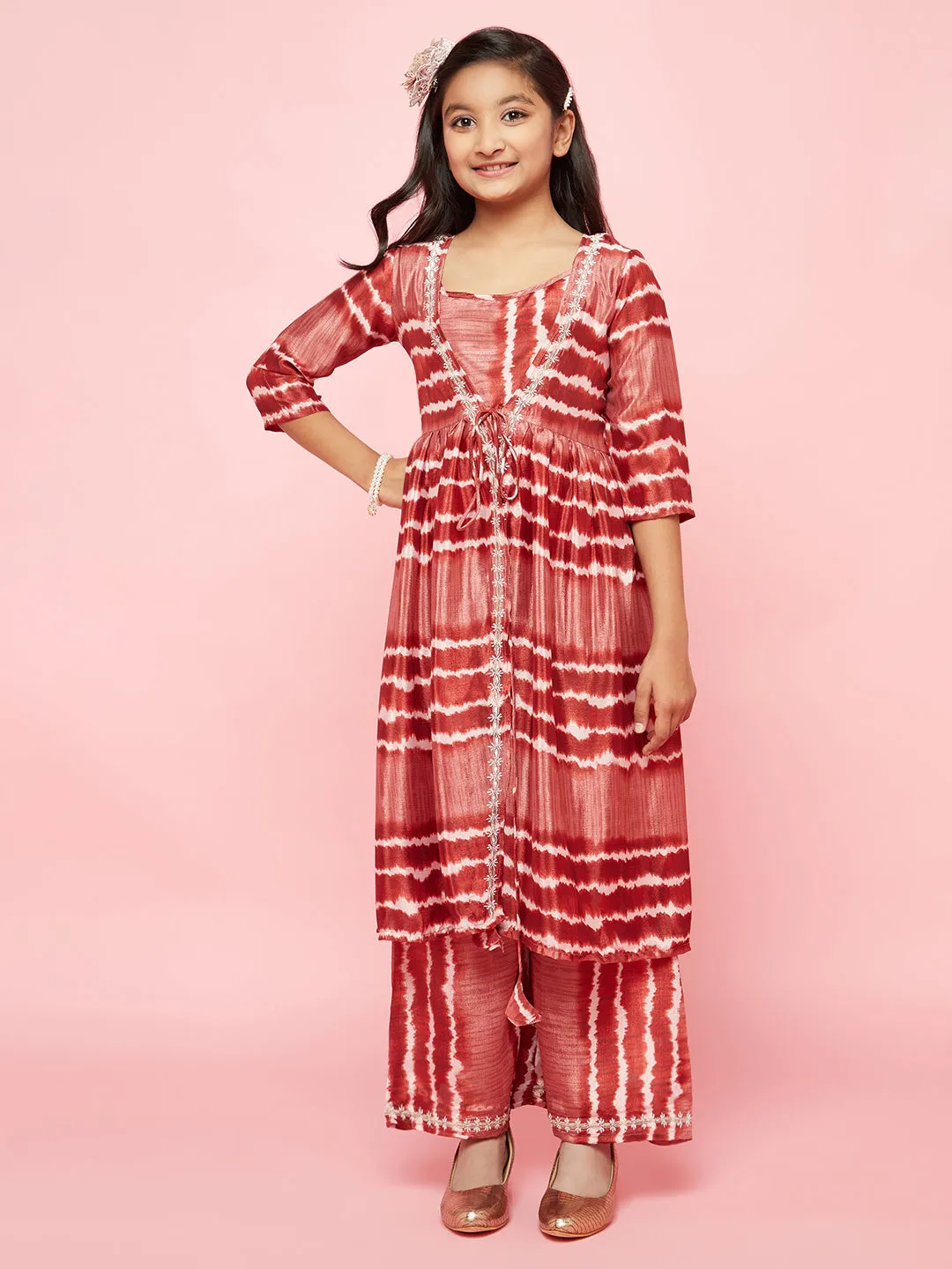 Girl's Brown Striped Top Palazzo With Jacket - Aks Girls