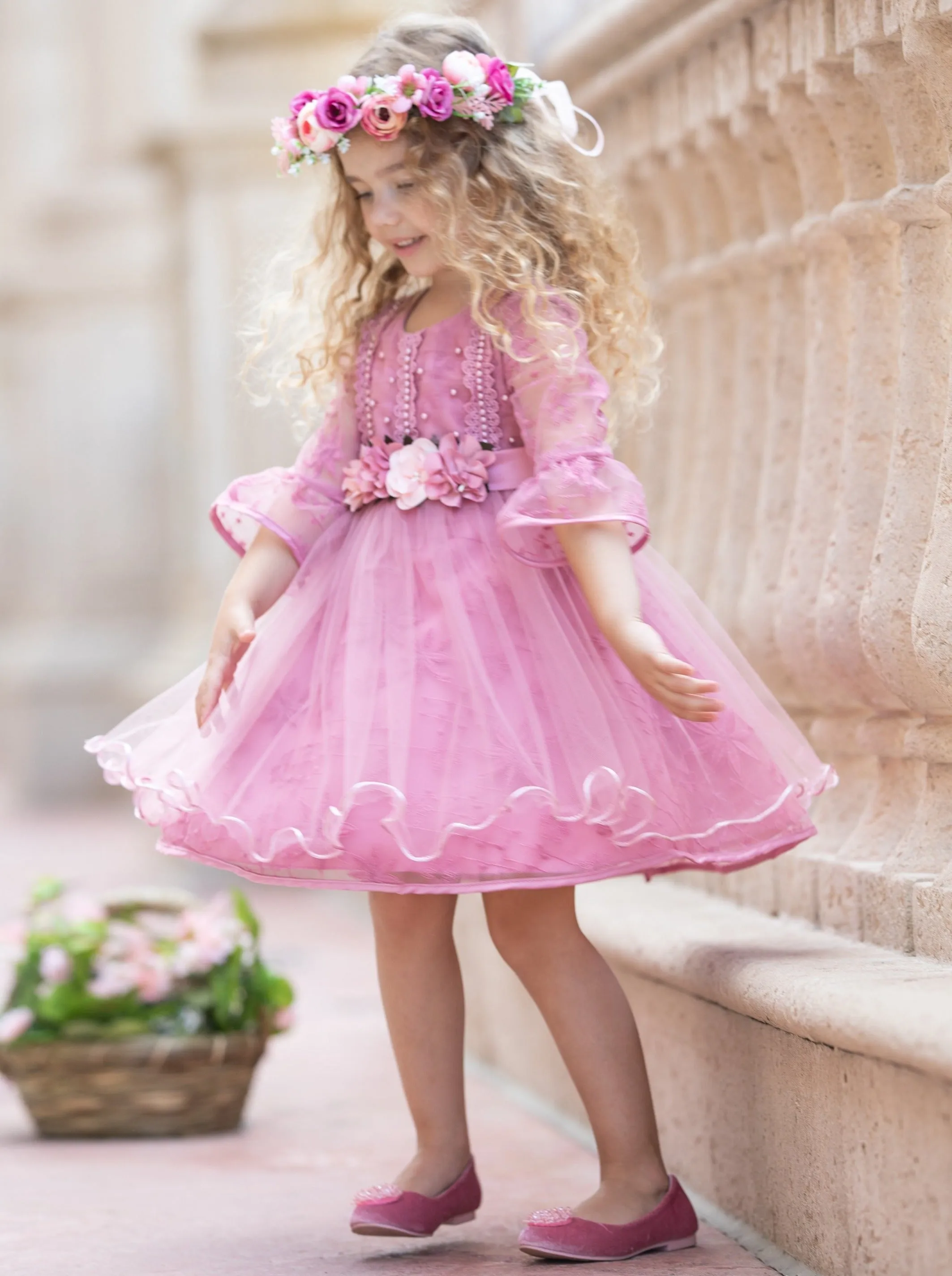 Girls Floral Beaded Long Sleeve Lace Dress