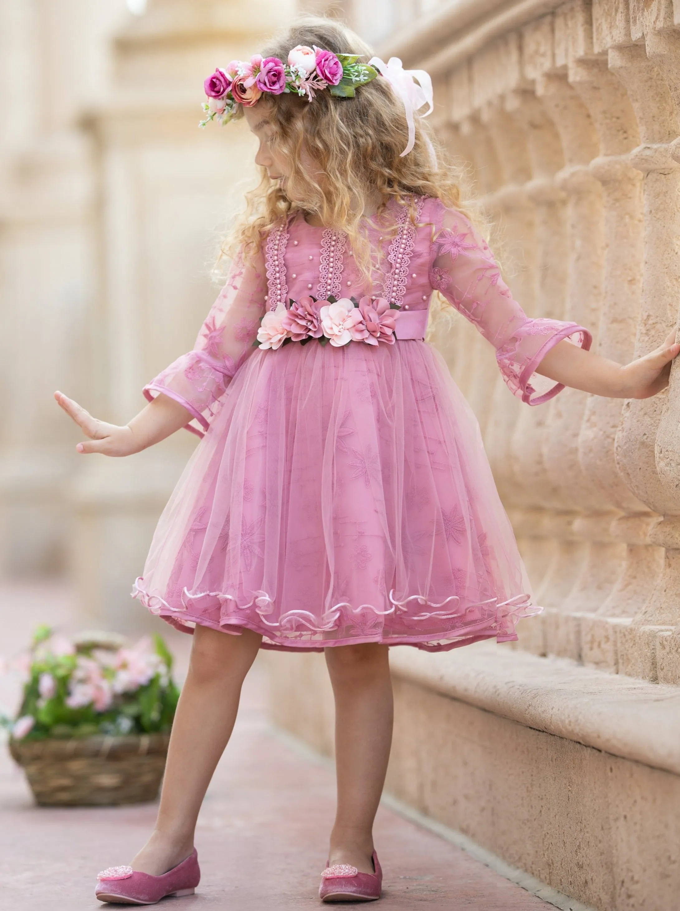 Girls Floral Beaded Long Sleeve Lace Dress