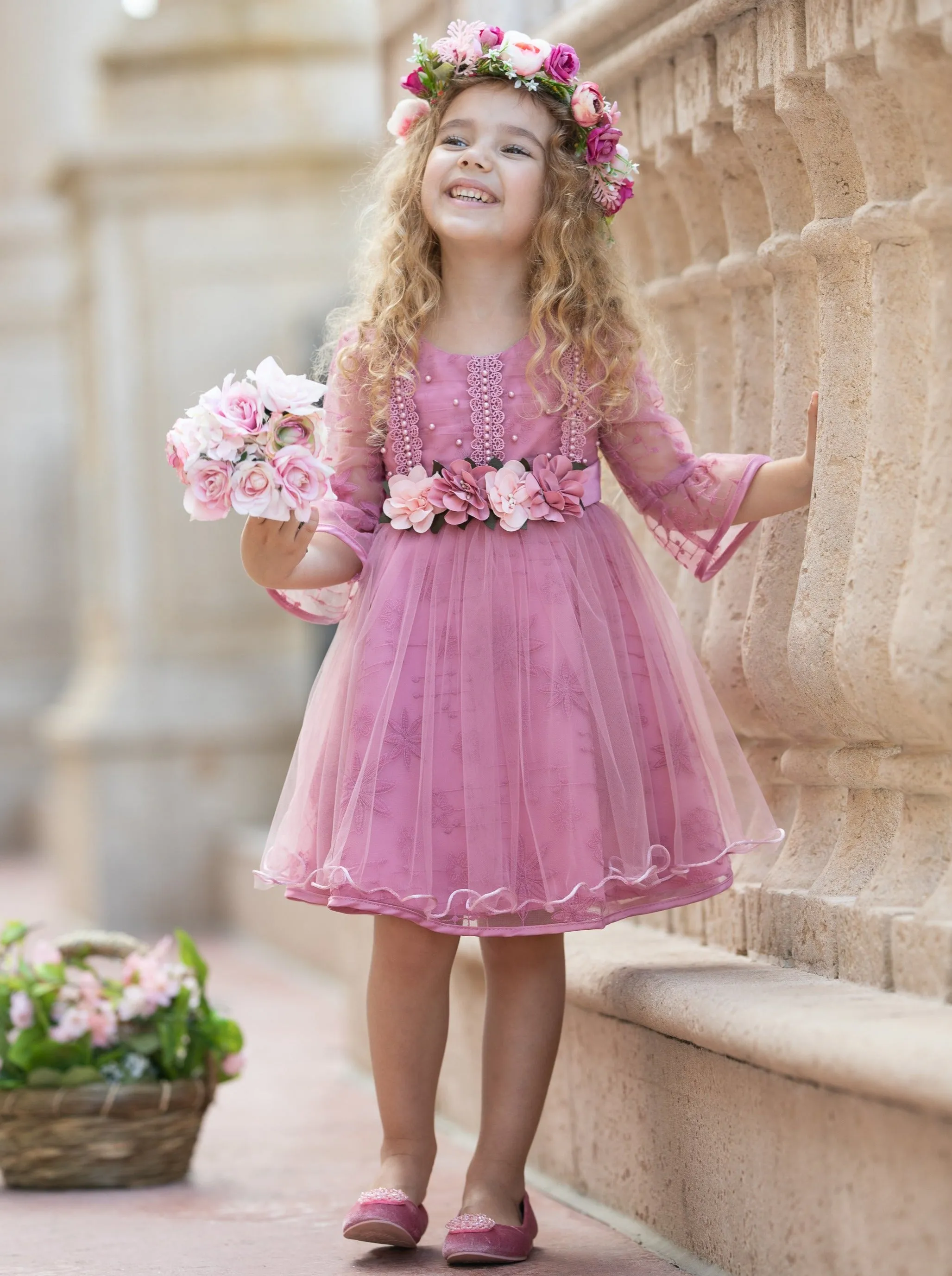 Girls Floral Beaded Long Sleeve Lace Dress