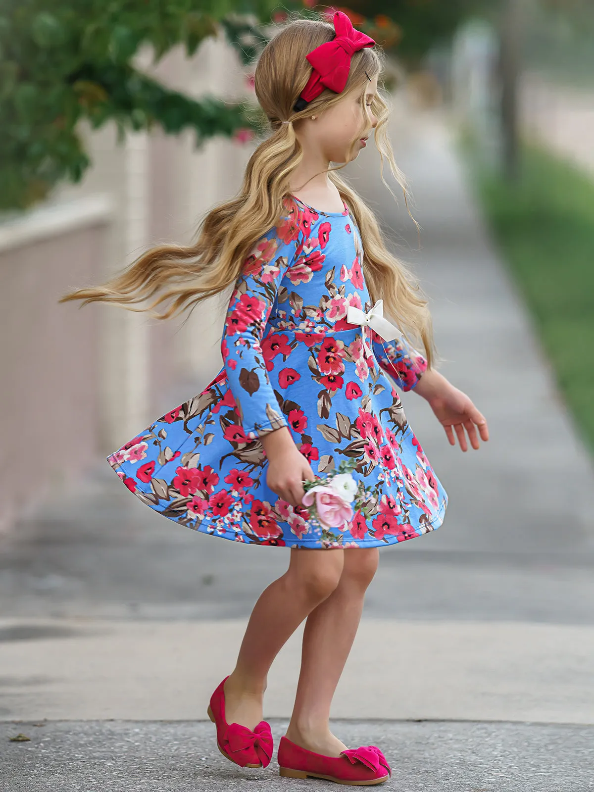 Girls Floral Long Sleeve Scoop Back Dress with Bow