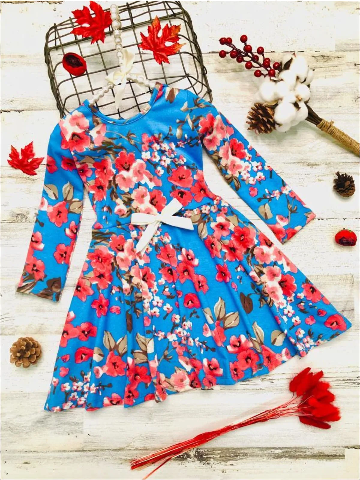 Girls Floral Long Sleeve Scoop Back Dress with Bow