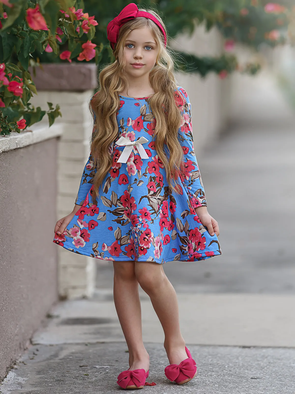 Girls Floral Long Sleeve Scoop Back Dress with Bow