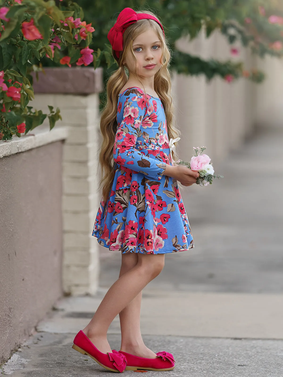 Girls Floral Long Sleeve Scoop Back Dress with Bow