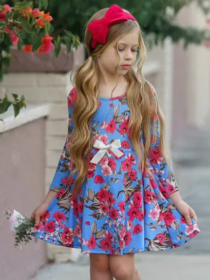 Girls Floral Long Sleeve Scoop Back Dress with Bow