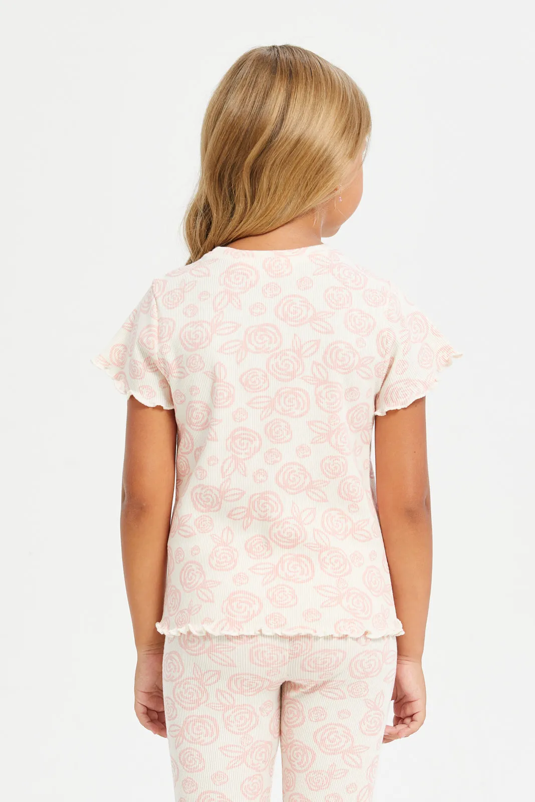Girls Ivory Floral Printed T-Shirt