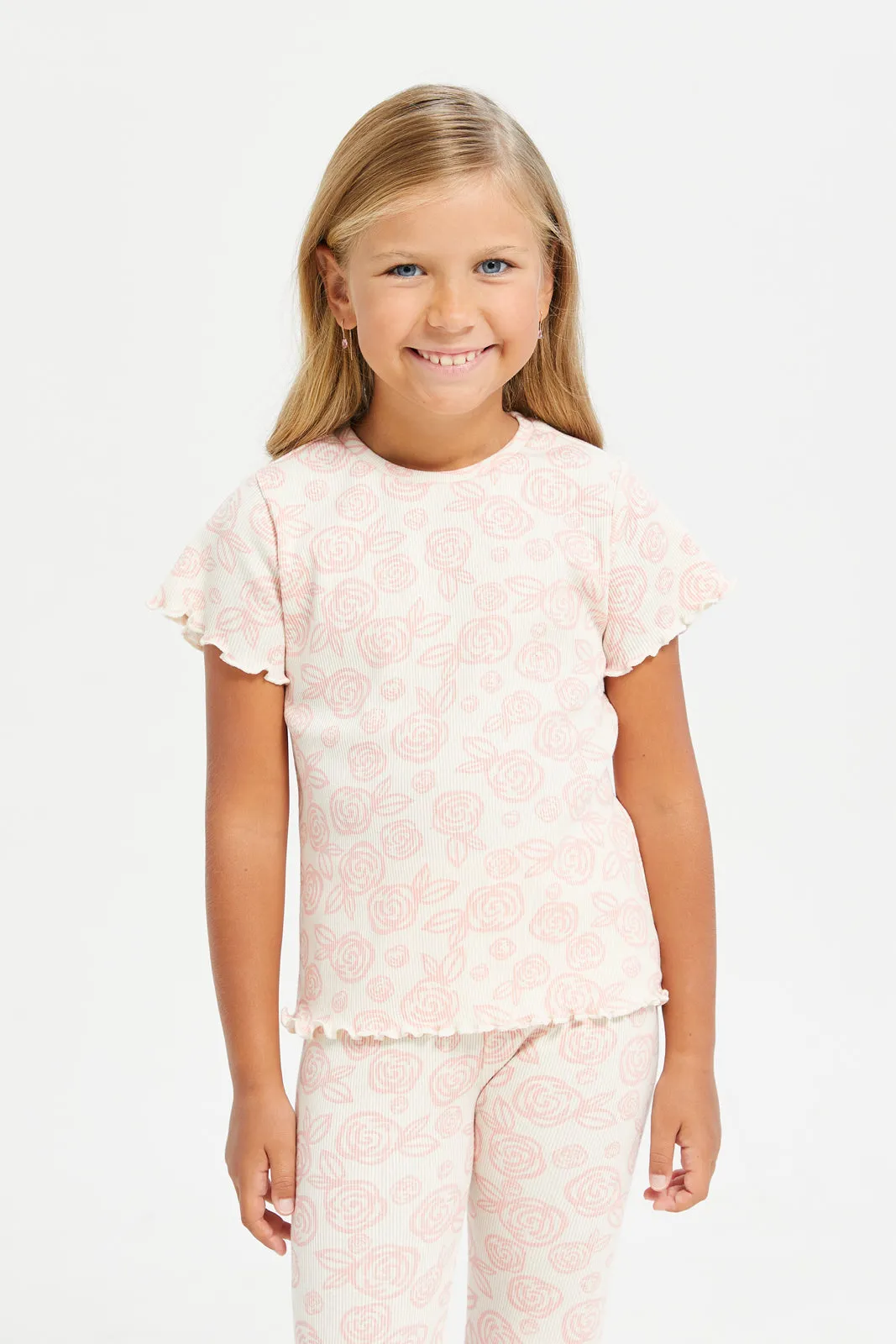 Girls Ivory Floral Printed T-Shirt