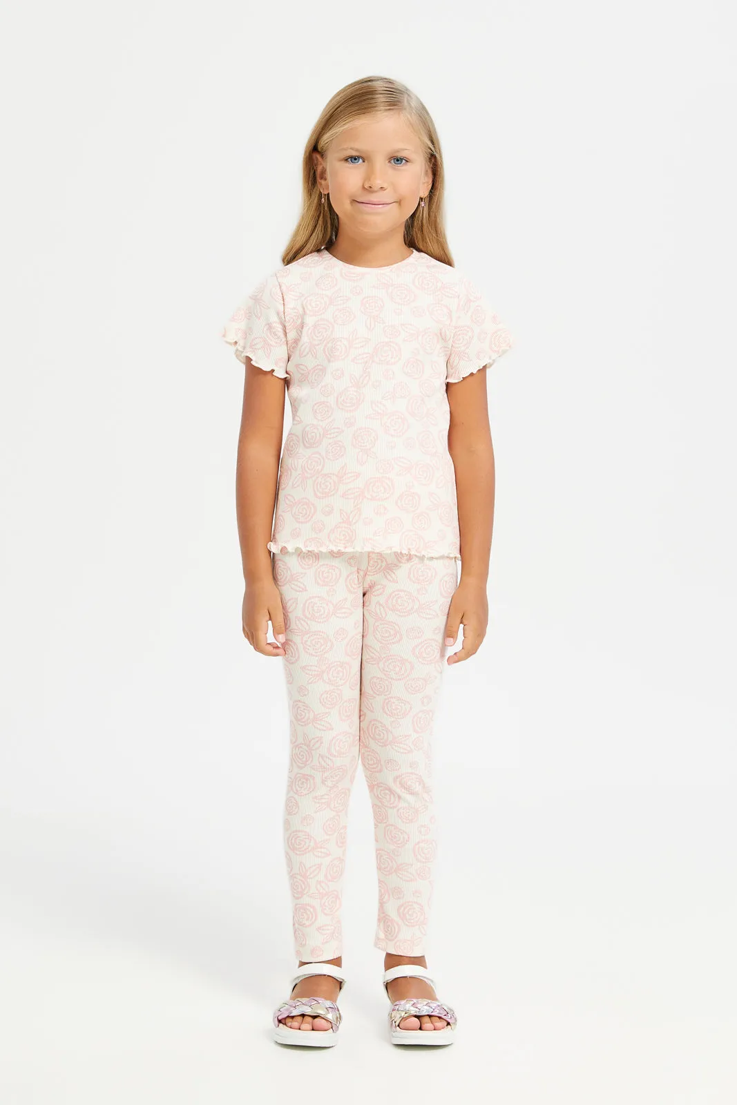 Girls Ivory Floral Printed T-Shirt