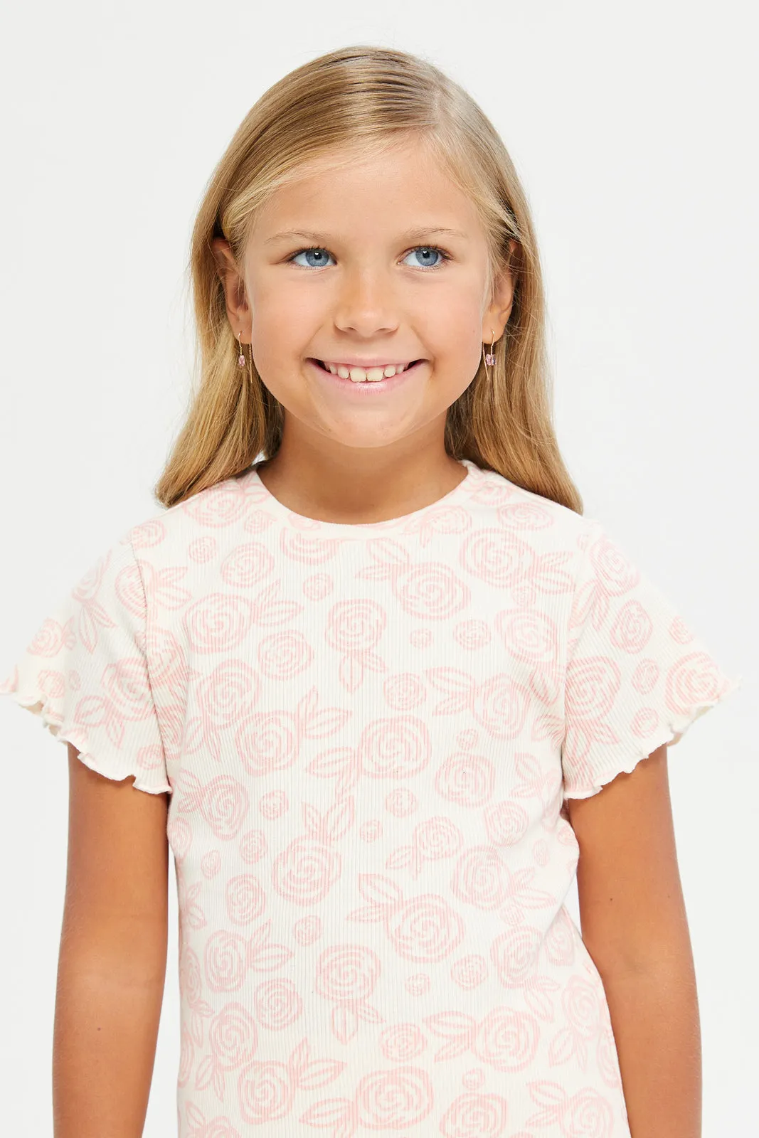 Girls Ivory Floral Printed T-Shirt