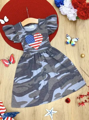 Girls Patriotic Camo Flag Heart Ruffled Dress