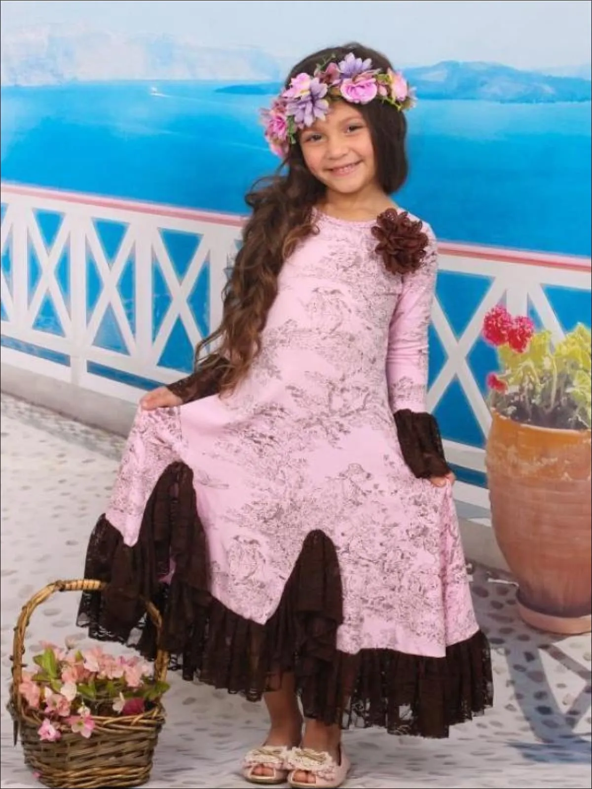 Girls Pink And Brown French Countryside Twirl Dress with Lace Ruffles