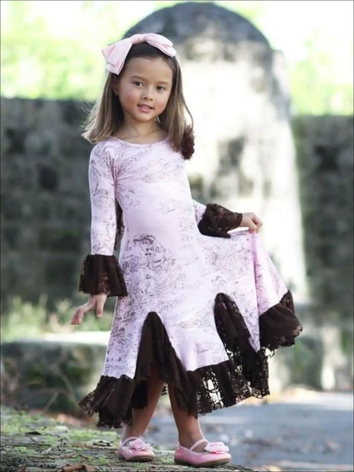 Girls Pink And Brown French Countryside Twirl Dress with Lace Ruffles