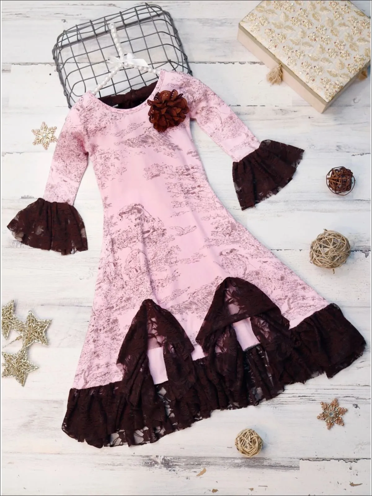 Girls Pink And Brown French Countryside Twirl Dress with Lace Ruffles