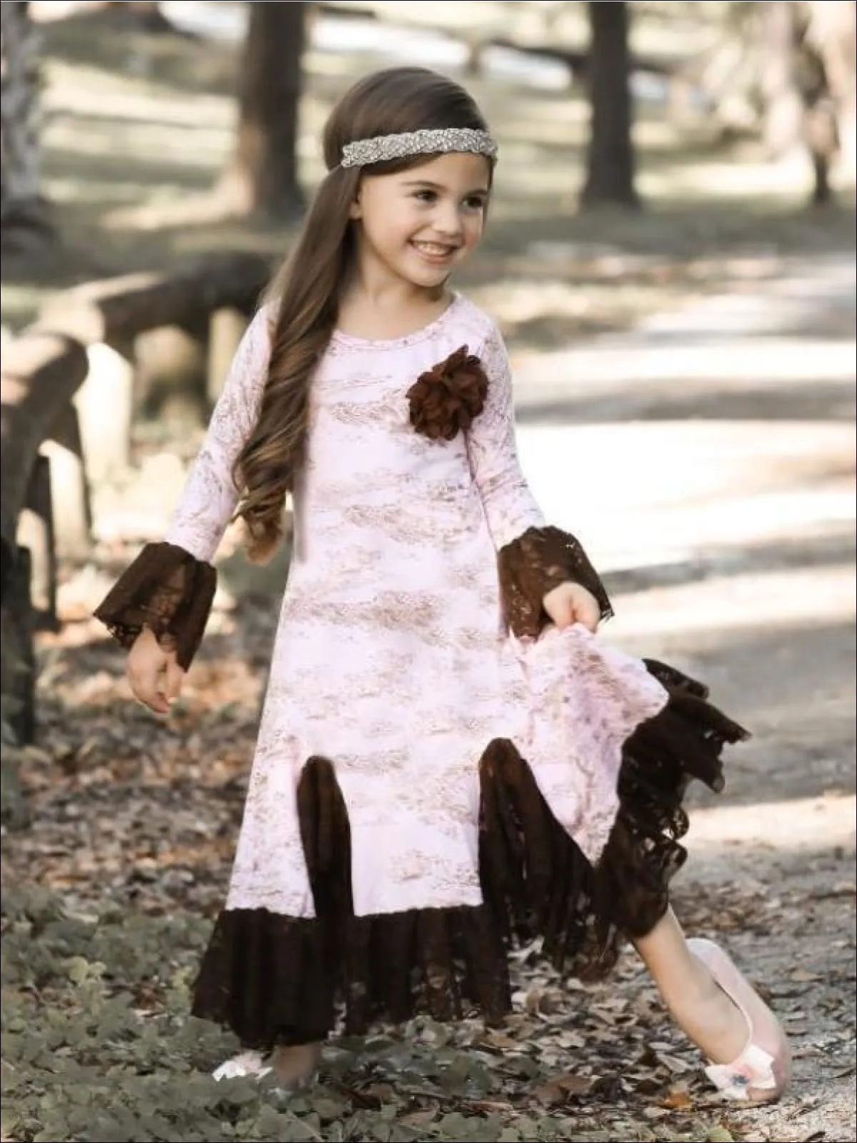 Girls Pink And Brown French Countryside Twirl Dress with Lace Ruffles