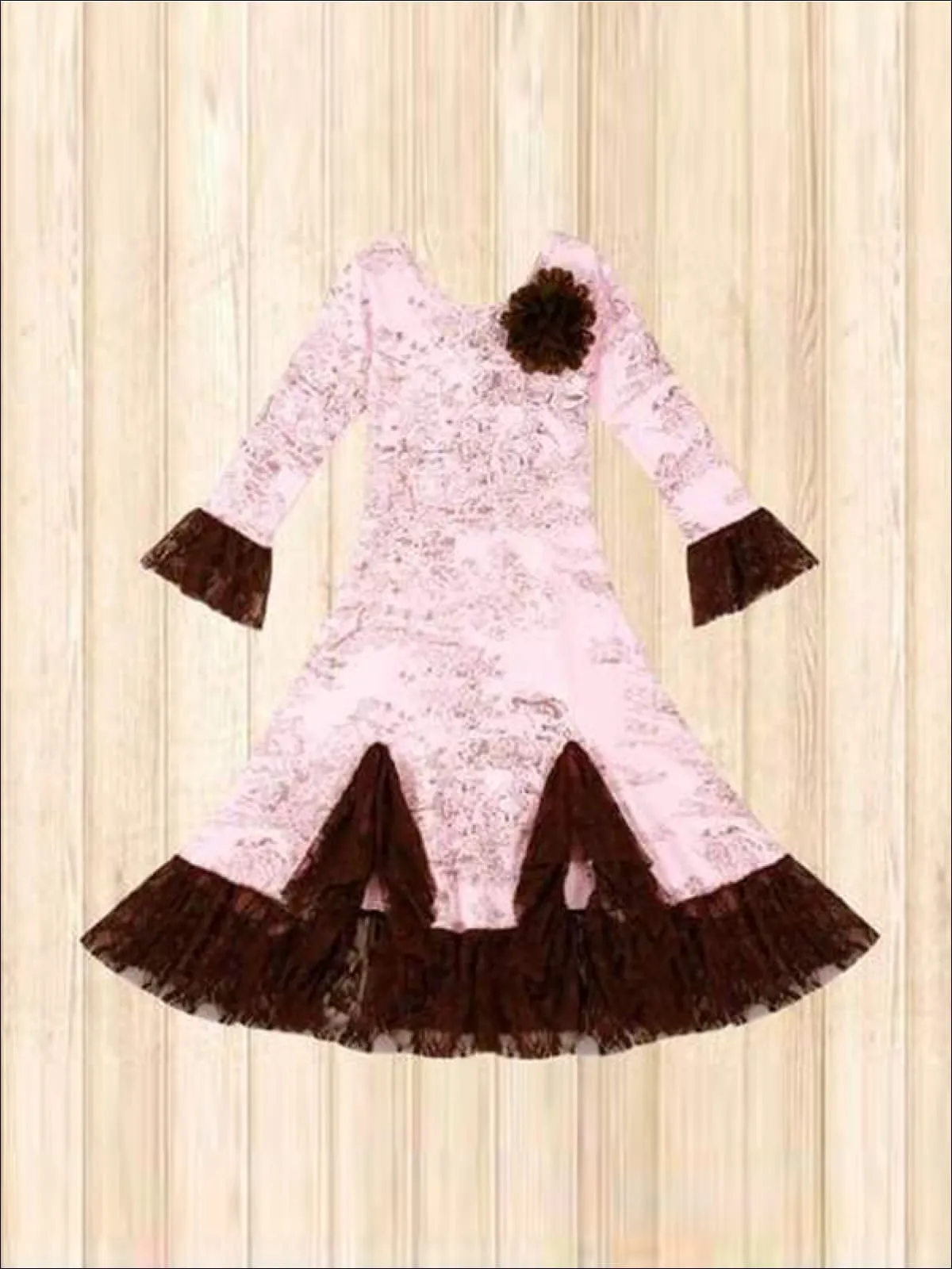 Girls Pink And Brown French Countryside Twirl Dress with Lace Ruffles