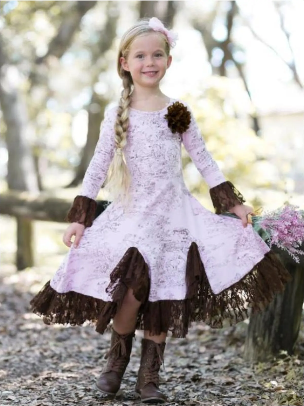 Girls Pink And Brown French Countryside Twirl Dress with Lace Ruffles