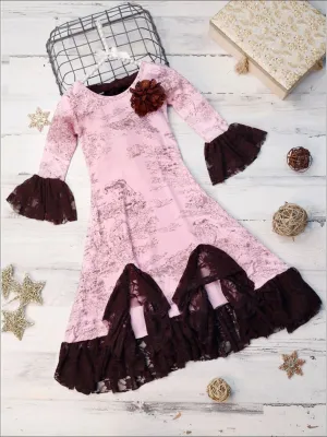 Girls Pink And Brown French Countryside Twirl Dress with Lace Ruffles