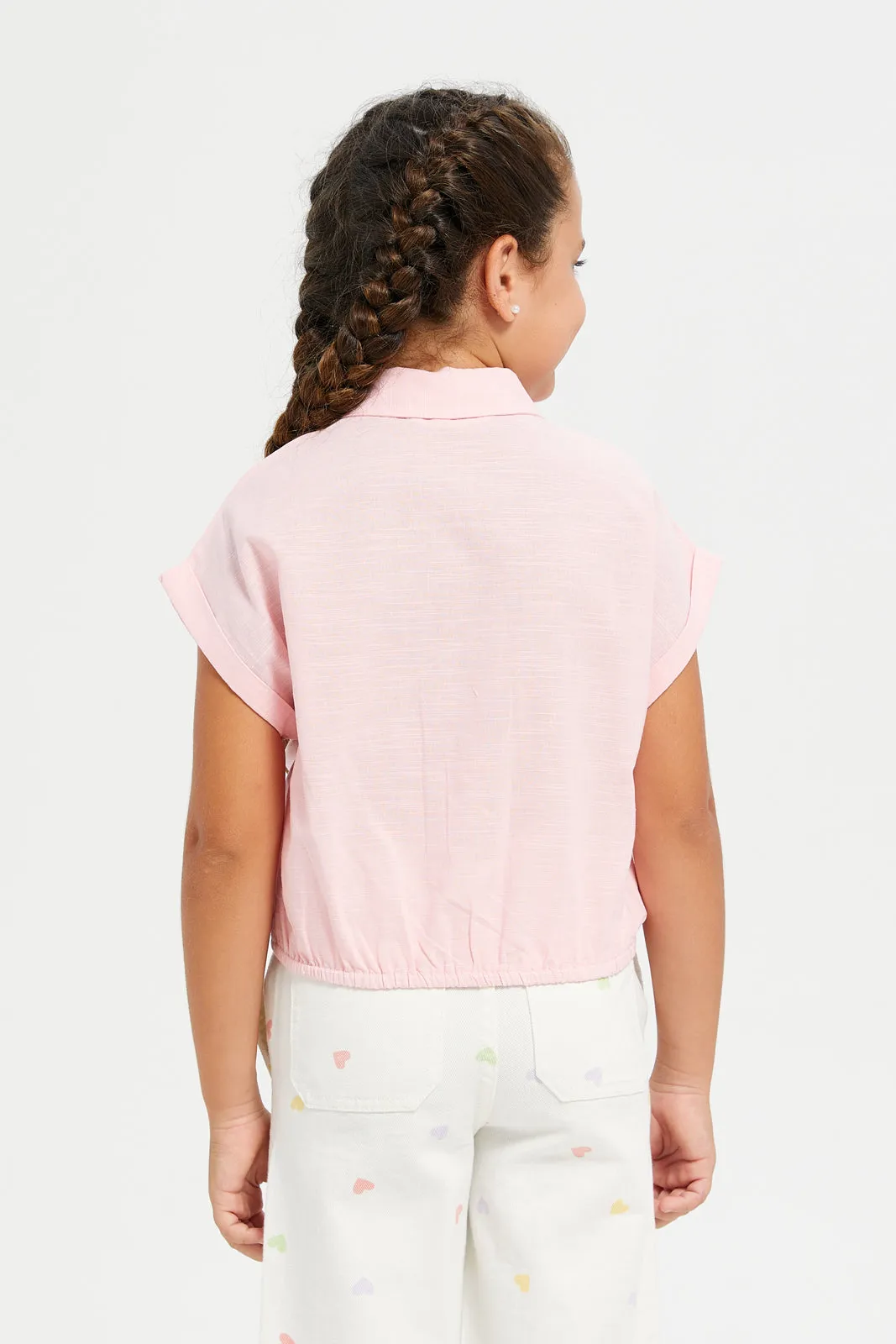 Girls Pink Front Patch Pockets Blouse