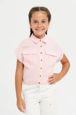 Girls Pink Front Patch Pockets Blouse