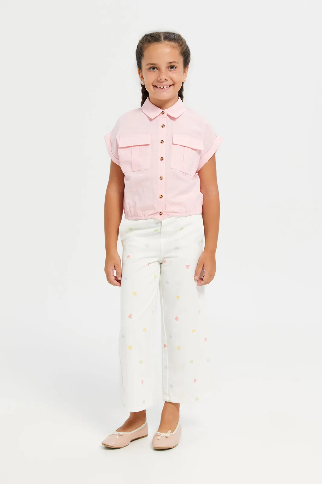 Girls Pink Front Patch Pockets Blouse