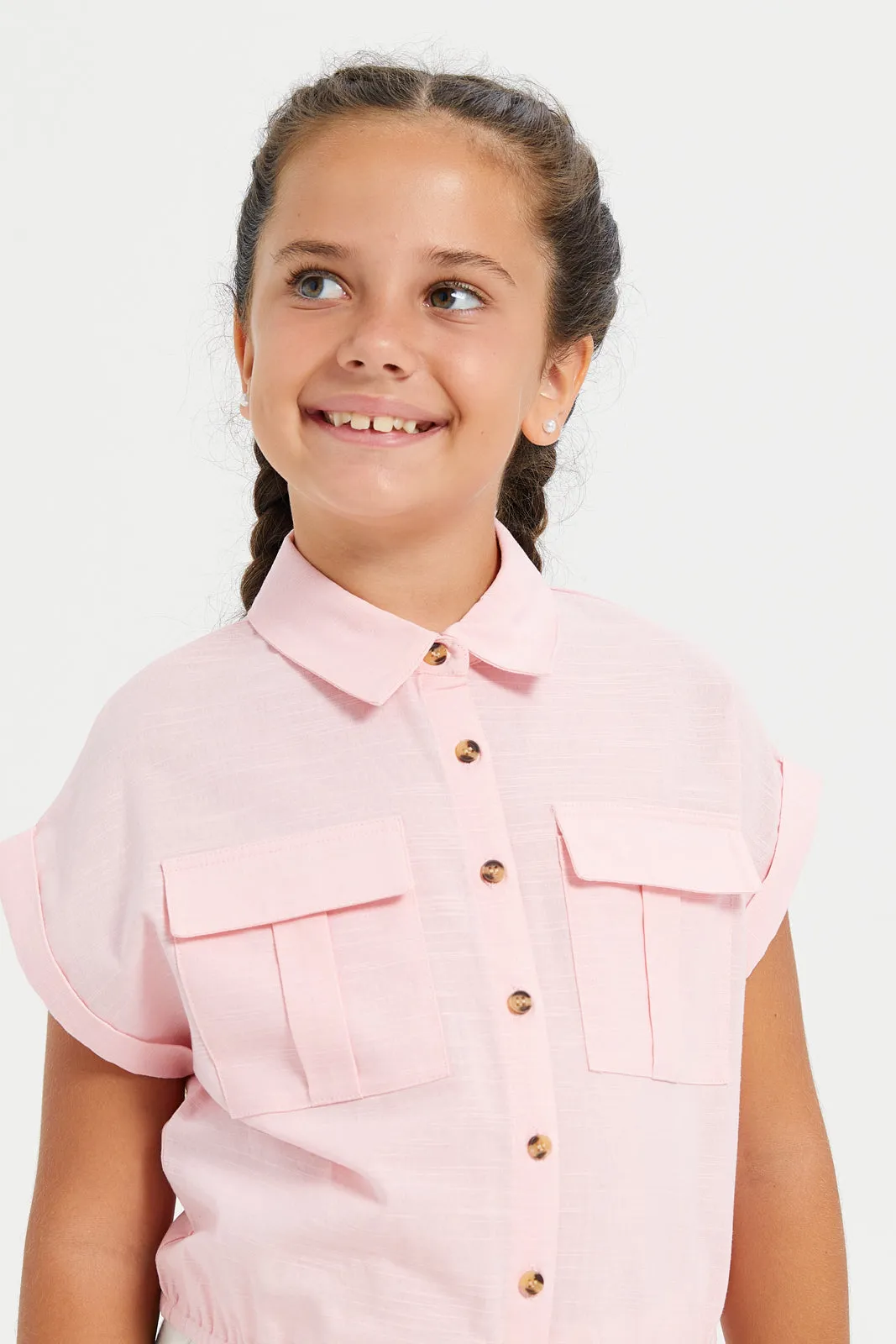 Girls Pink Front Patch Pockets Blouse