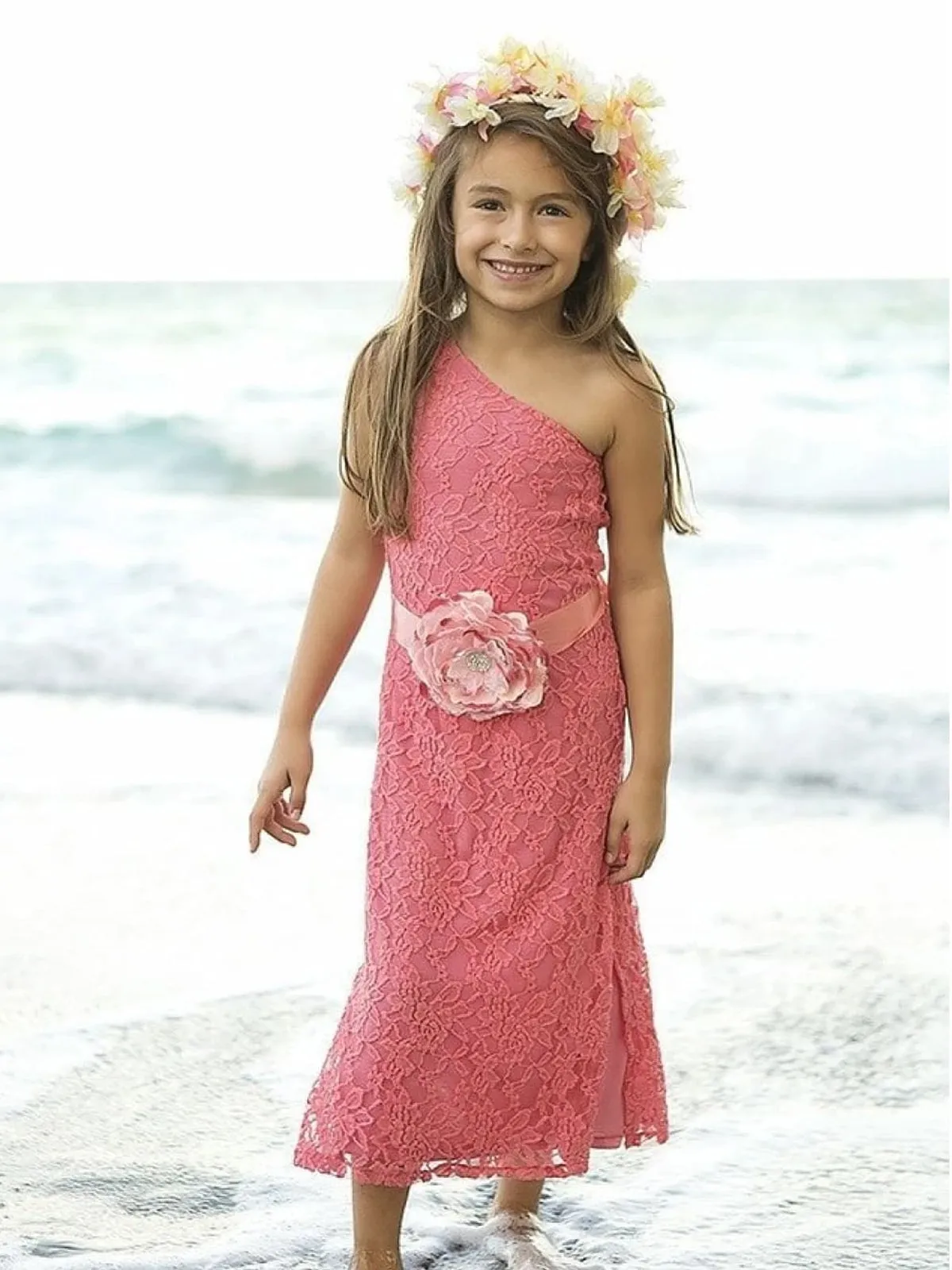 Girls Pink Lace One Shoulder Dress with Flower Belt