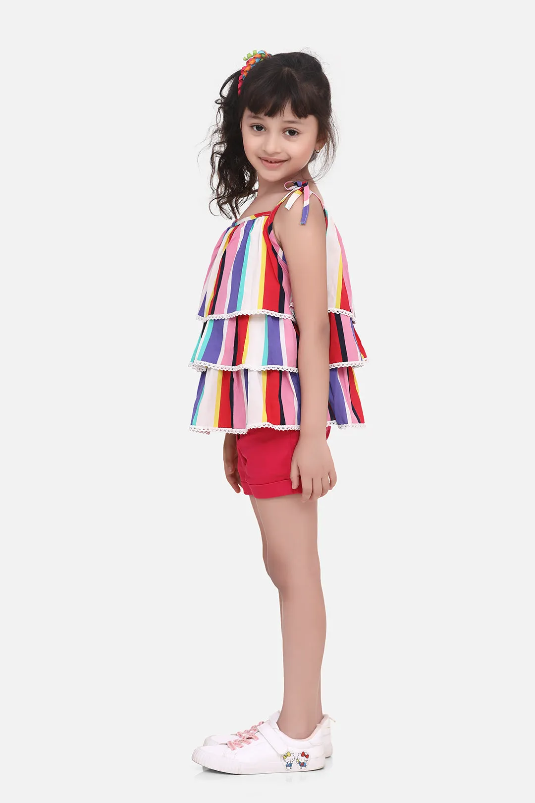 Girl's Rainbow Striped Top With Pink Shorts Set - StyleStone Kid