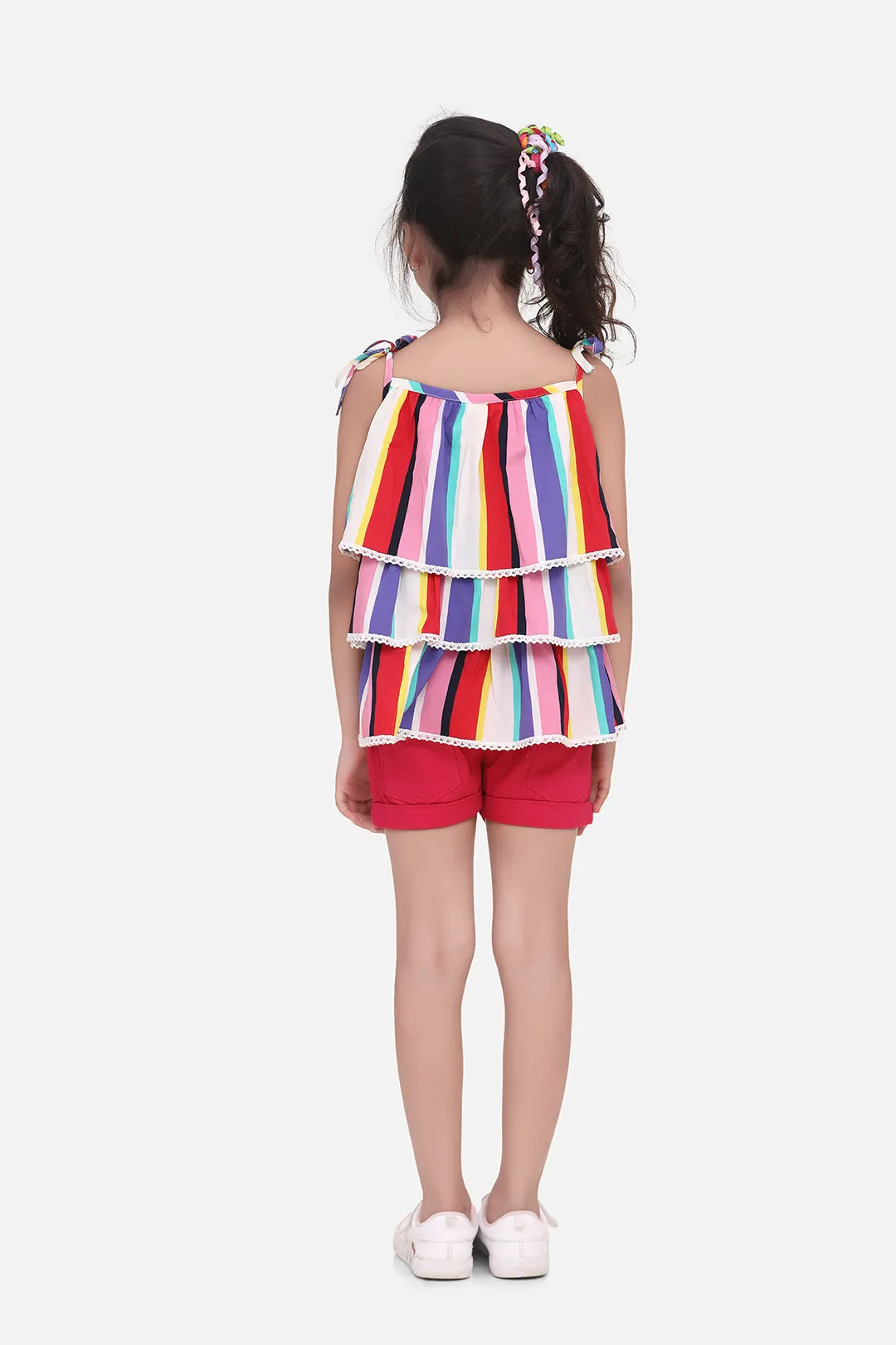 Girl's Rainbow Striped Top With Pink Shorts Set - StyleStone Kid