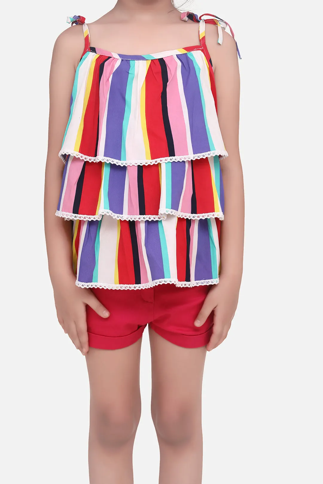Girl's Rainbow Striped Top With Pink Shorts Set - StyleStone Kid