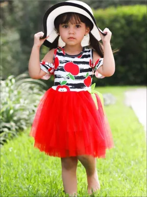Girls Red Striped Apple Print A-Line Cold Shoulder Tutu Dress