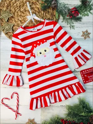 Girls Red Striped Santa Applique Ruffled Christmas Dress