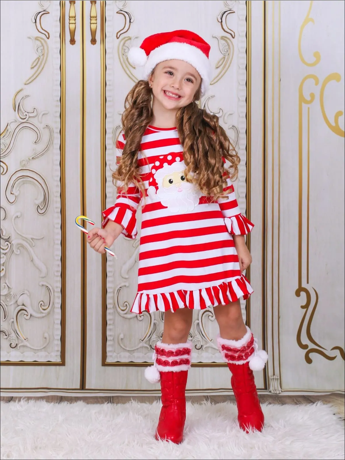 Girls Red Striped Santa Applique Ruffled Christmas Dress