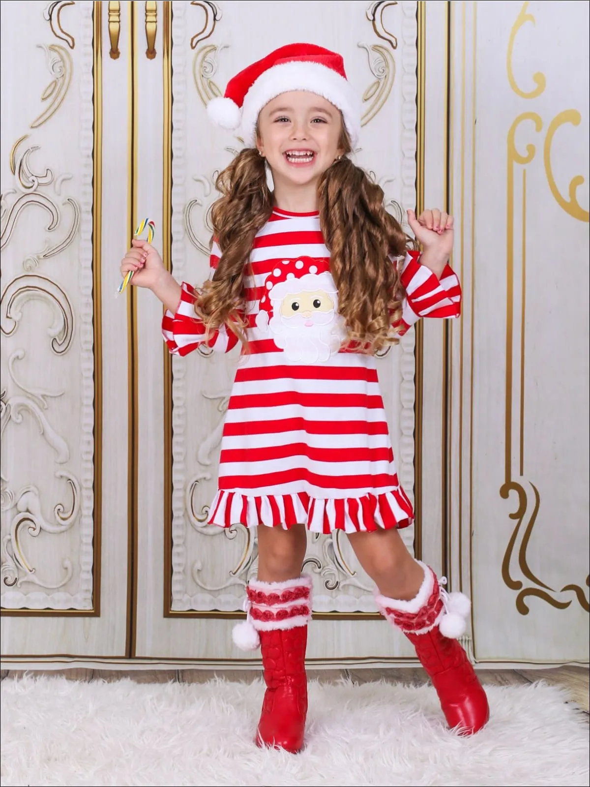 Girls Red Striped Santa Applique Ruffled Christmas Dress