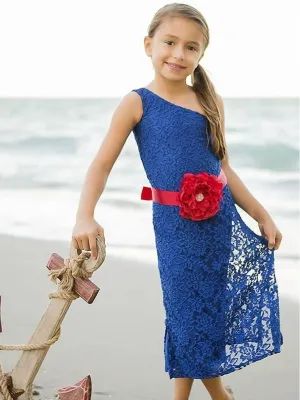 Girls Royal Blue One Shoulder Lace Dress w/ Red Flower Belt