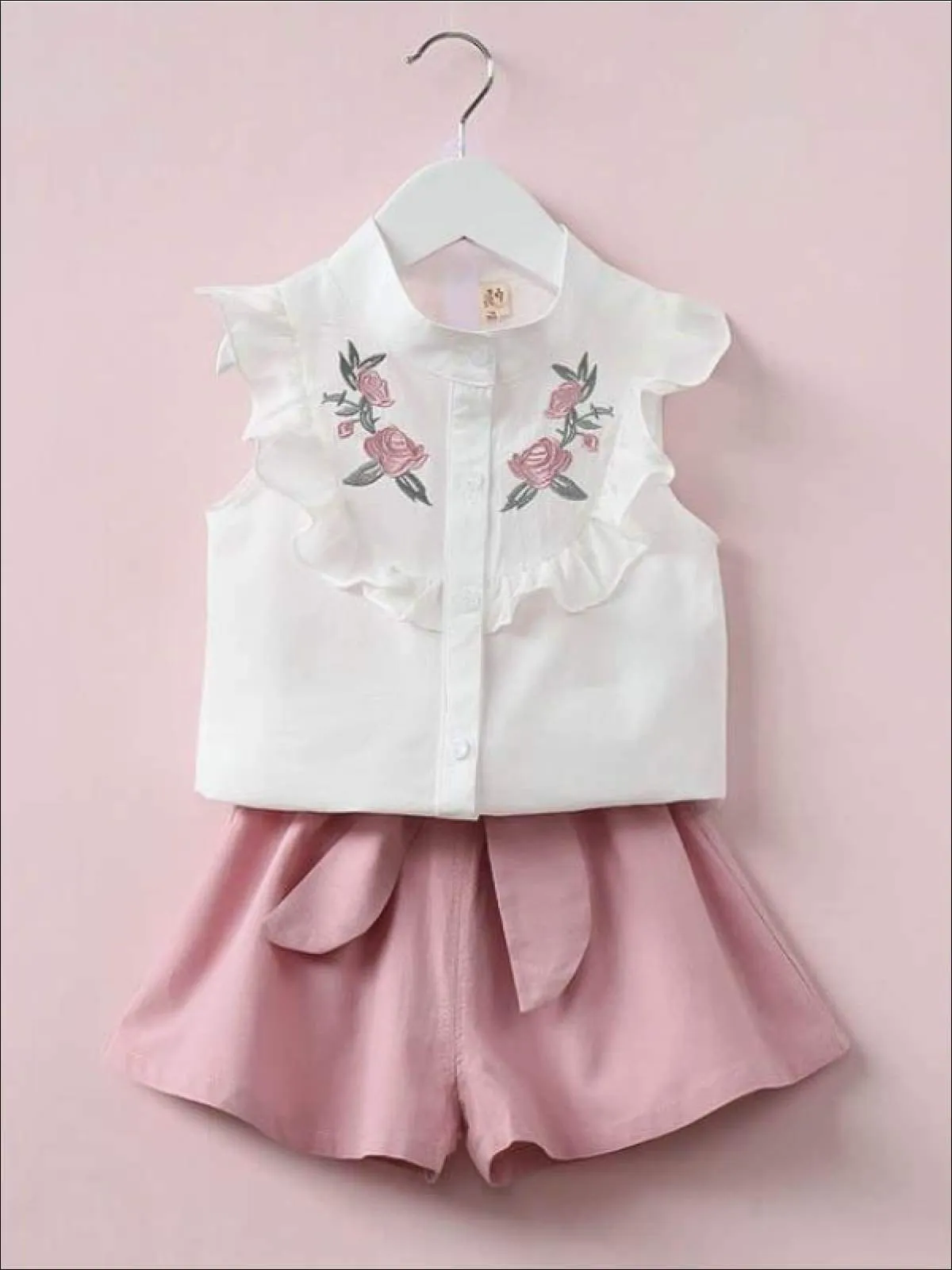 Girls Short Sleeve Floral Embroidered Top And Bow Tie Short Set