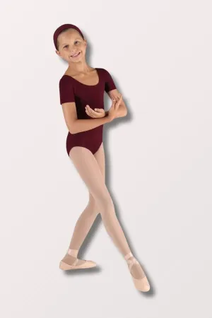 Girls Short Sleeve Round Neck Leotard - Burgundy