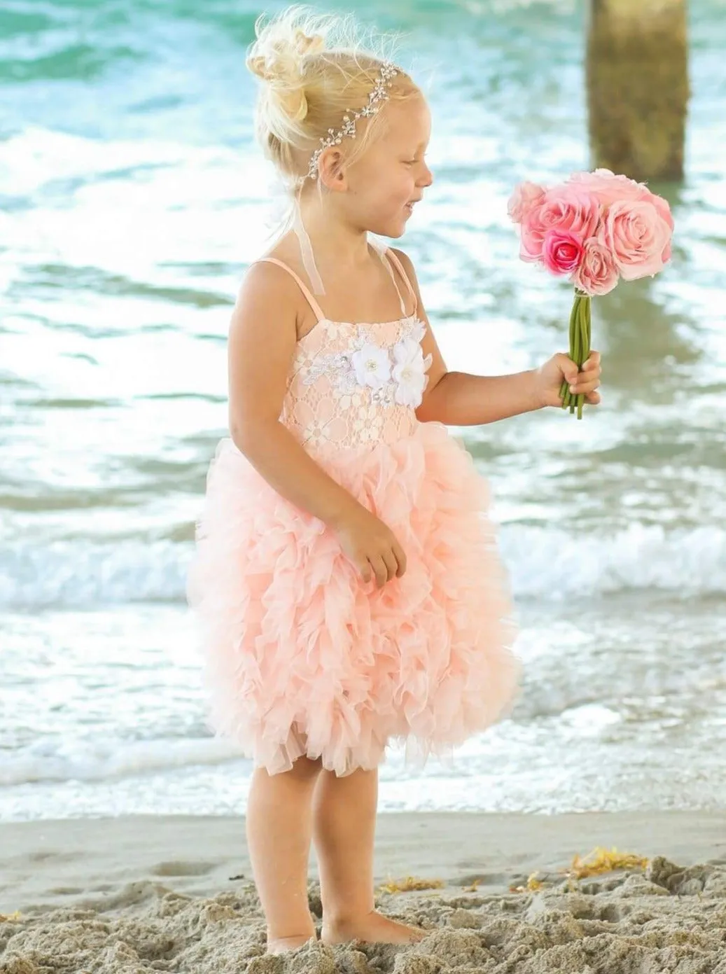 Girls Spaghetti Strap Flower Applique Ruffled Tutu Dress