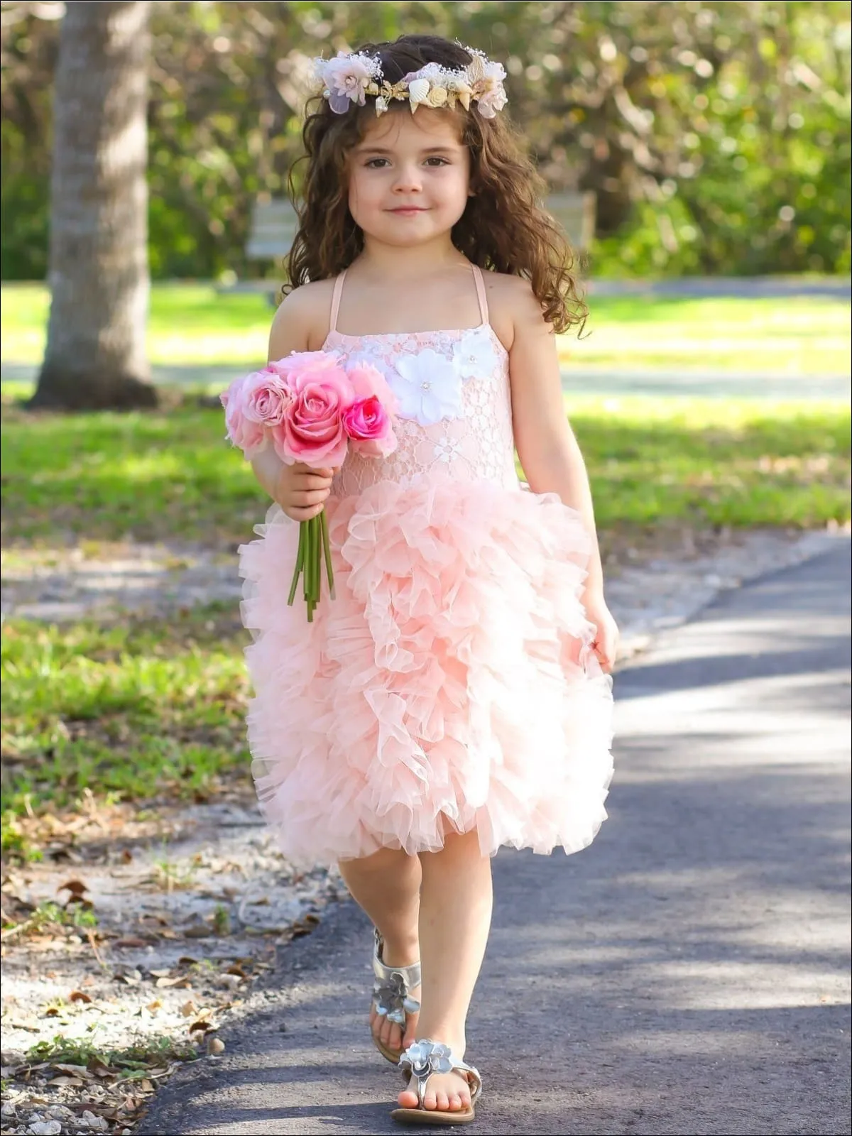 Girls Spaghetti Strap Flower Applique Ruffled Tutu Dress