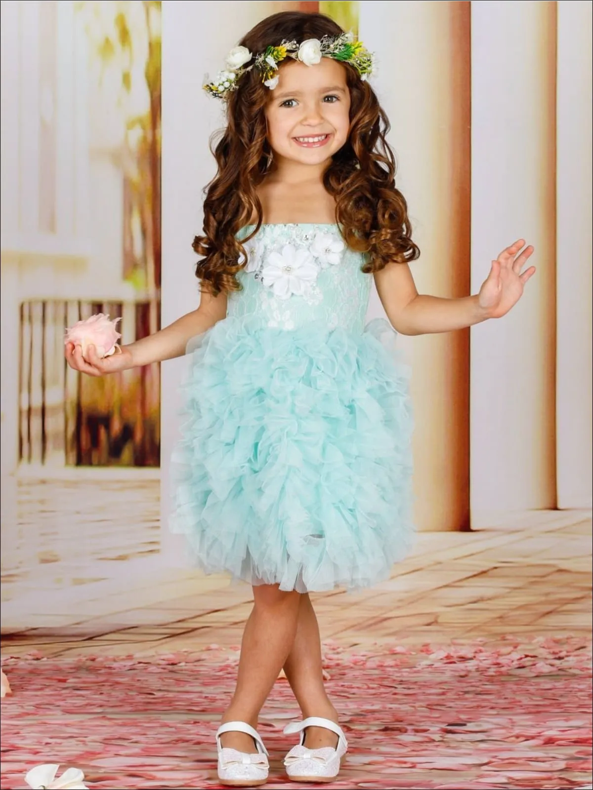 Girls Spaghetti Strap Flower Applique Ruffled Tutu Dress