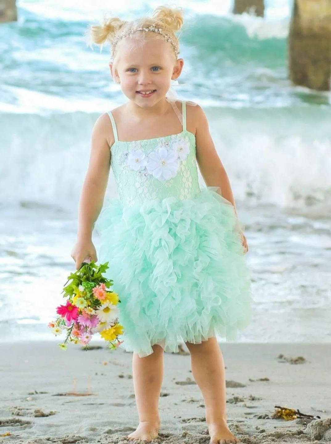 Girls Spaghetti Strap Flower Applique Ruffled Tutu Dress