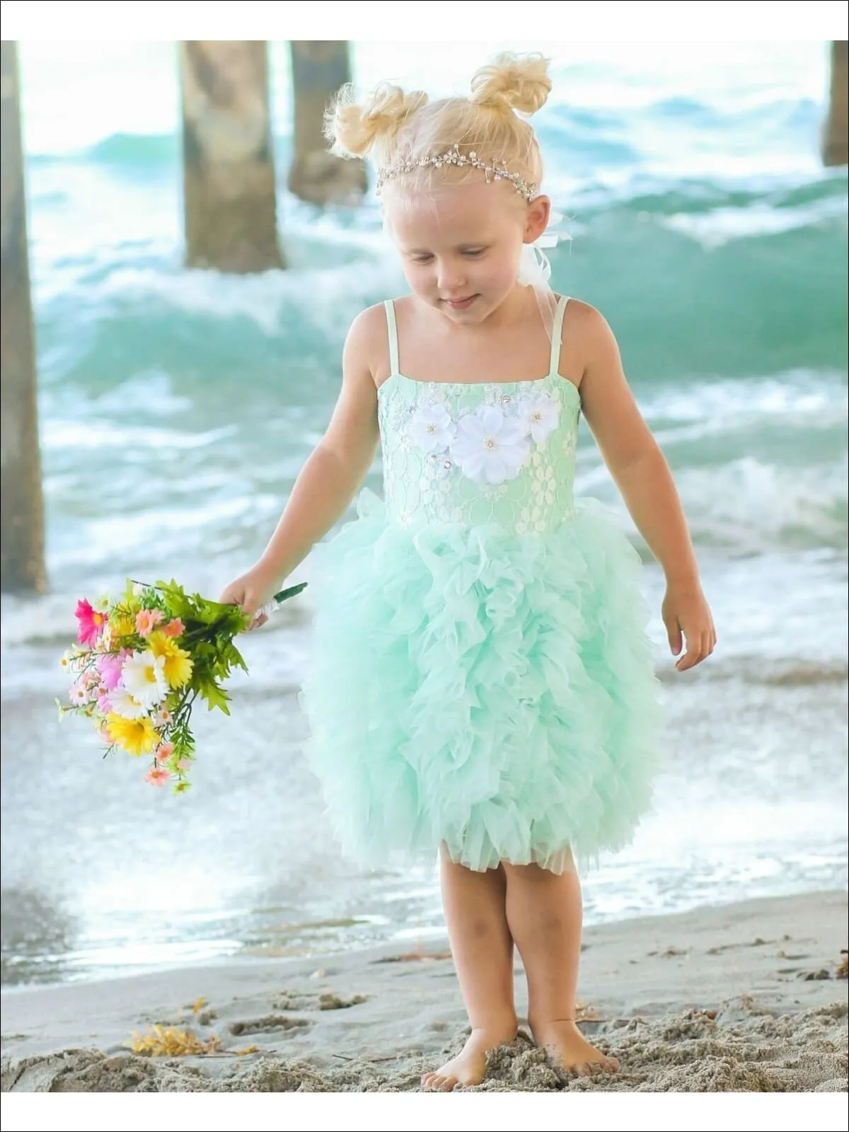 Girls Spaghetti Strap Flower Applique Ruffled Tutu Dress