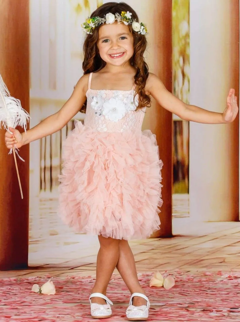 Girls Spaghetti Strap Flower Applique Ruffled Tutu Dress
