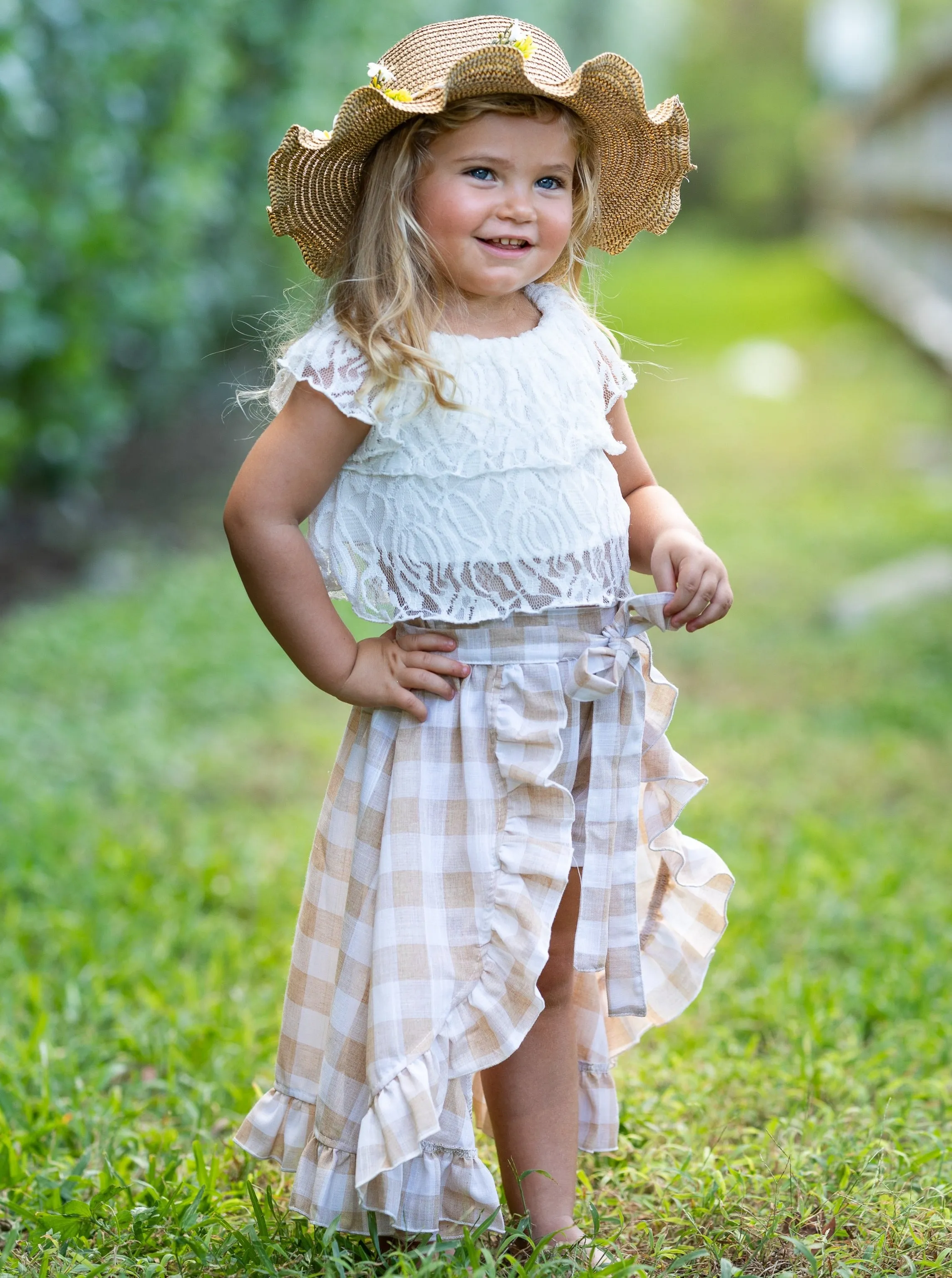Girls Spring Lovin' Lace Crop Top, Plaid Shorts and Wrap Skirt Set