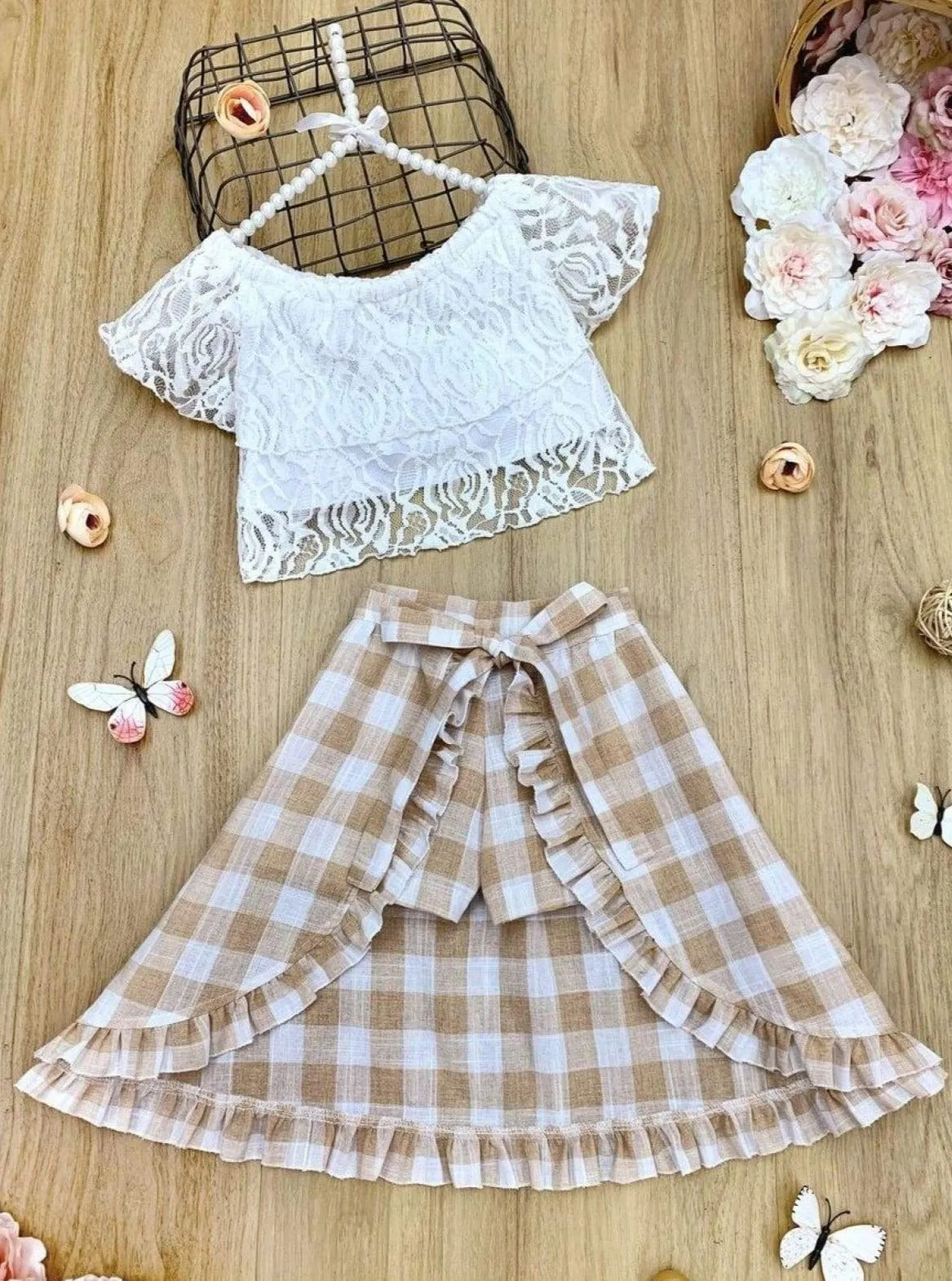 Girls Spring Lovin' Lace Crop Top, Plaid Shorts and Wrap Skirt Set