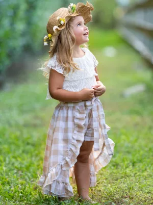 Girls Spring Lovin' Lace Crop Top, Plaid Shorts and Wrap Skirt Set