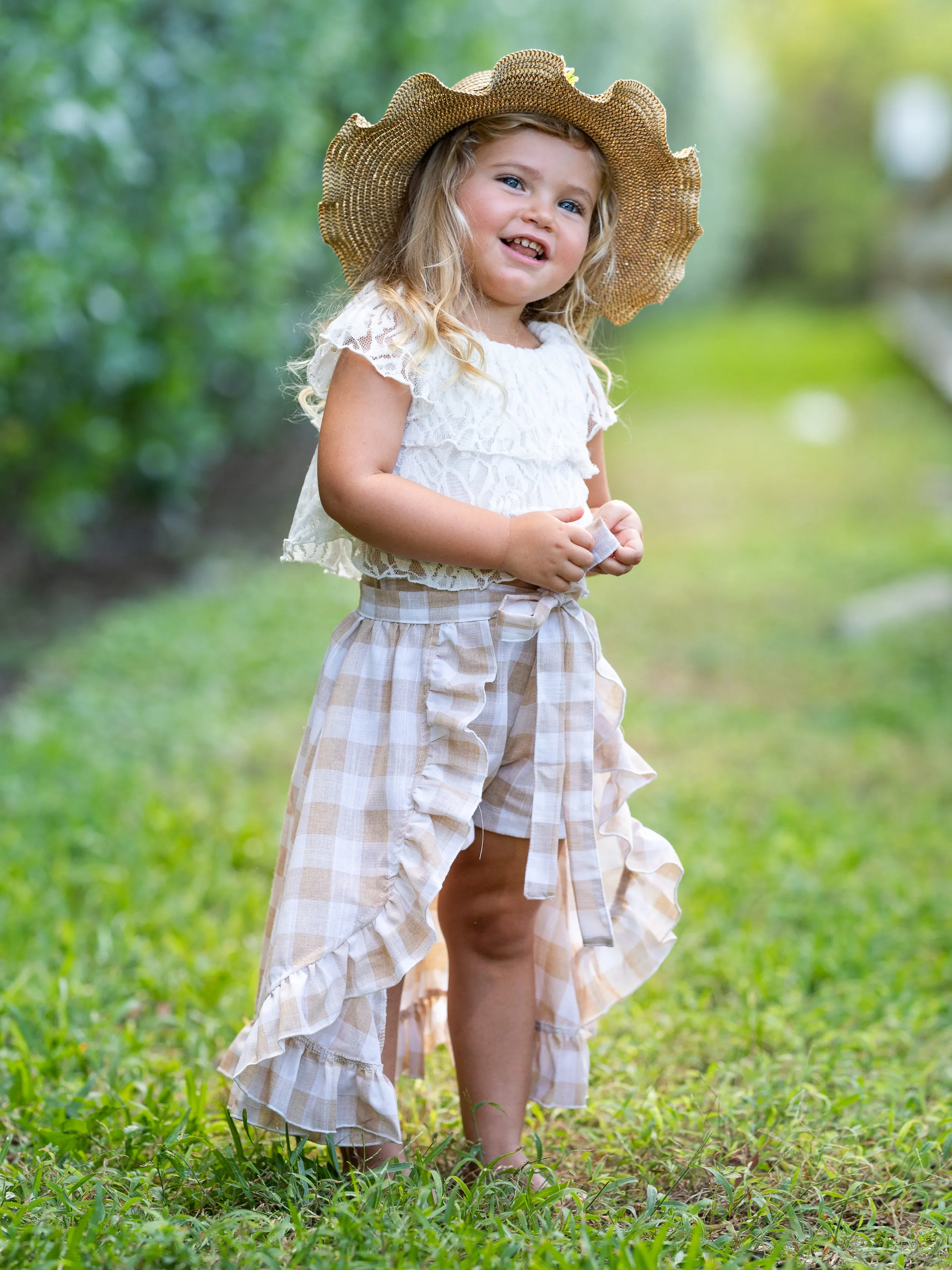 Girls Spring Lovin' Lace Crop Top, Plaid Shorts and Wrap Skirt Set