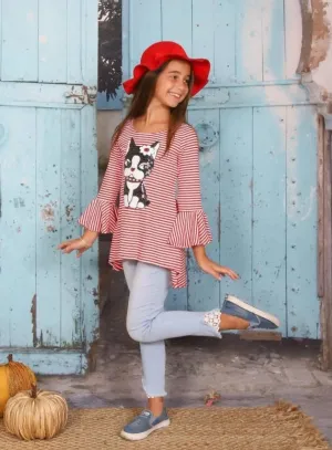 Girls Striped Flared Long Sleeve Animal Applique Top