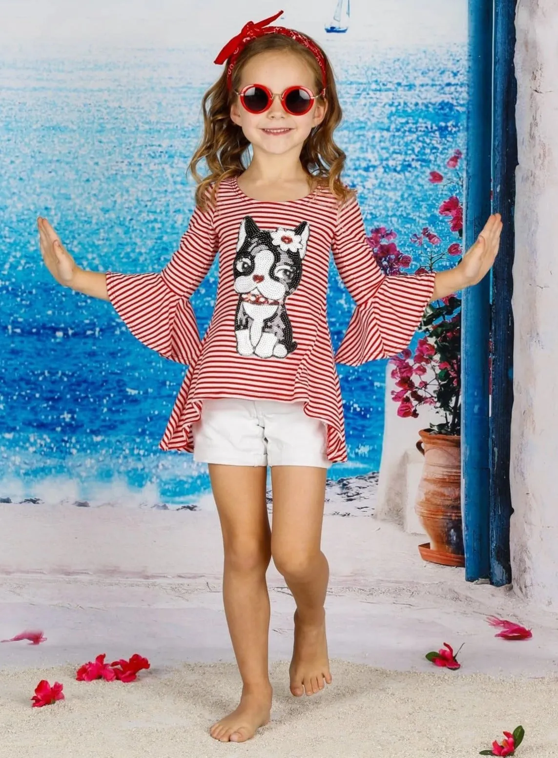 Girls Striped Flared Long Sleeve Animal Applique Top