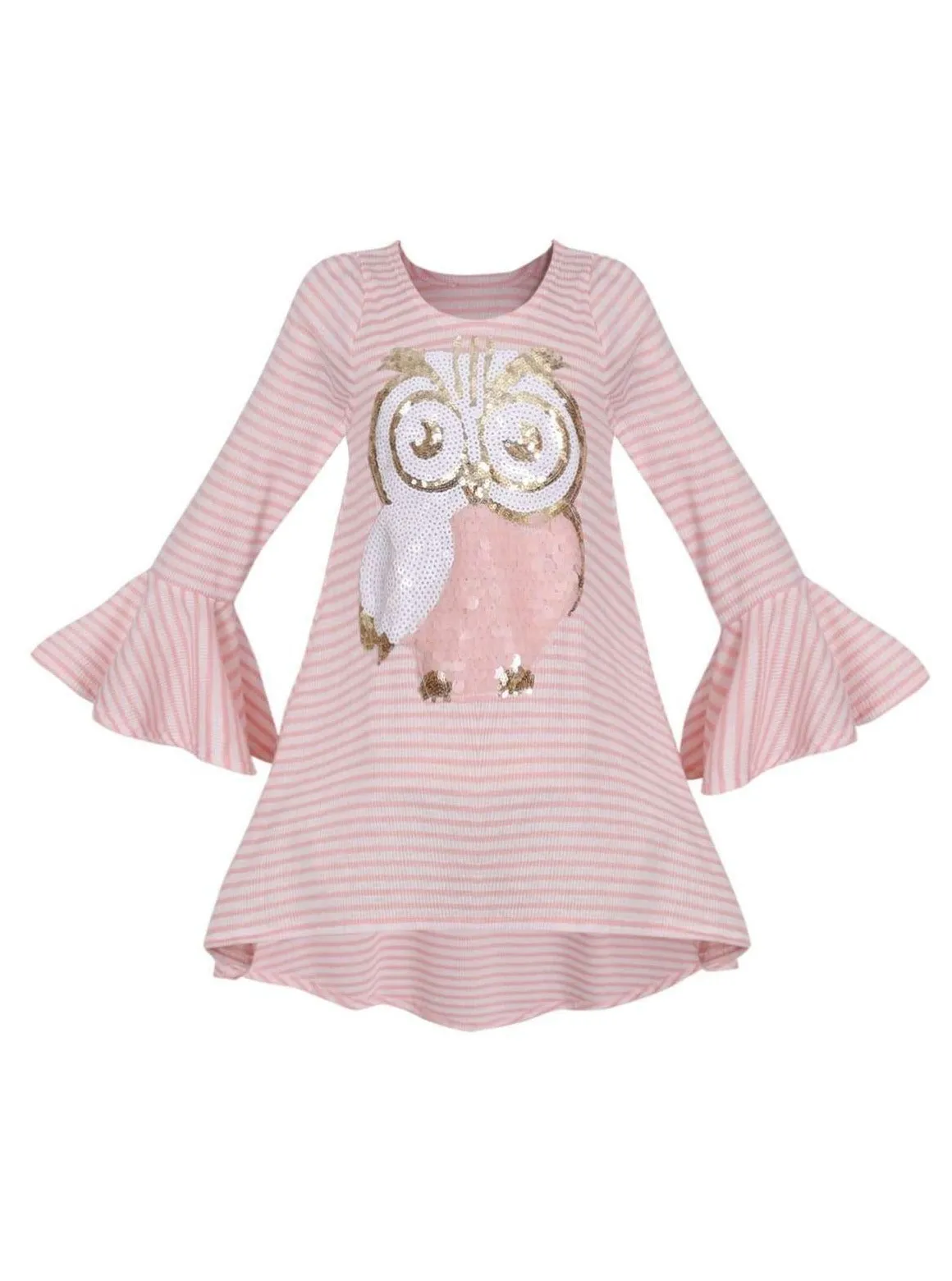 Girls Striped Flared Long Sleeve Animal Applique Top