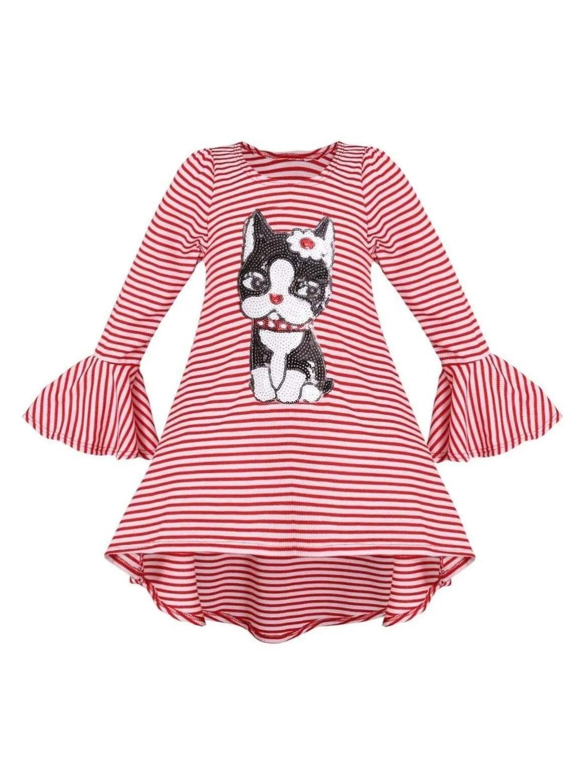 Girls Striped Flared Long Sleeve Animal Applique Top